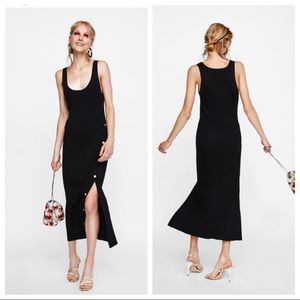 Zara Knit Black Buttons Gold Maxi Dress Slit
